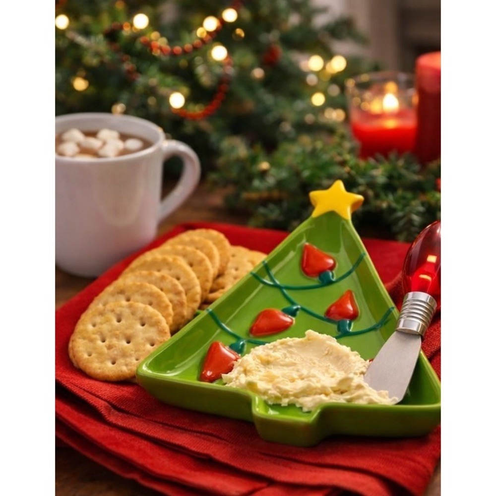 Hallmark Christmas Tree Serving Dish With Lightbulb Spreader In Original Box